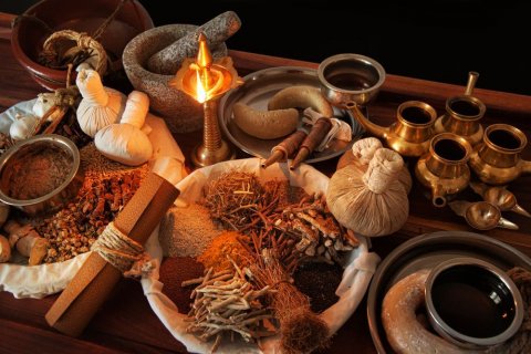 Motiv: nadianb / shutterstock Auf einem rosafarbenen Hintergrund liegen verschiedene grüne Blätter und Knospen, ein Glastiegel mit einer Emulsion, zwei Tuben, ein Sprühbehältnis und ein Holzlöffel mit Salzkristallen.