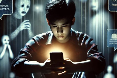 Cybermobbing © erstellt mit ChatGPT by K.Graner Cybermobbing - Ein Junge schaut betrübt auf sein Smartphone - im Hintergrund düstere Gestaten und Like-Symbole von Social Media, die Mobbing darstellen