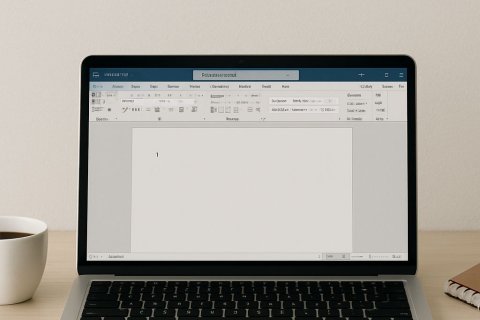 Ein silberner Laptop mit ge&ouml;ffnetem, leerem Word-Dokument steht auf einem hellen Holztisch neben einer wei&szlig;en Kaffeetasse und einem Notizbuch vor einer wei&szlig;en Wand.