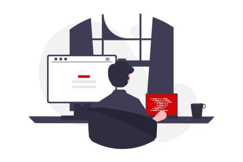 Illustration einer Person, die vor einem Computerbildschirm und einem Laptop sitzt. Auf dem gro&szlig;en Bildschirm ist eine Webseite ge&ouml;ffnet, auf dem kleineren Laptop sind Codezeilen zu sehen. Daneben steht eine Kaffeetasse.