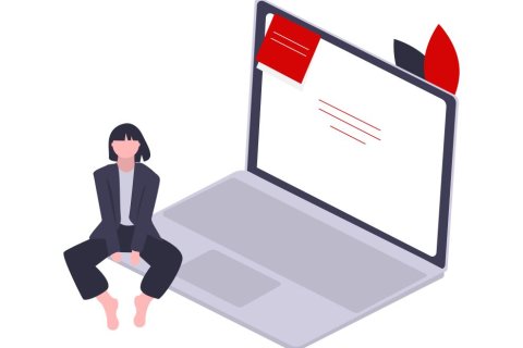 kleine Person sitzt an Ecke eines aufgeklappten Laptops - digitale Grafik