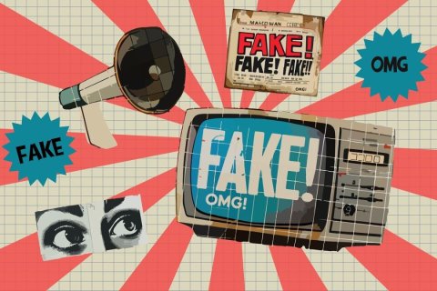 Grafische Collage im Retro-Stil zum Thema „Fake News“. In der Mitte steht ein alter Fernseher mit der großen Aufschrift „FAKE! OMG!“. Darüber ein Zeitungsausschnitt mit dem Wort „FAKE!“ in roter Schrift, daneben ein Megafon. Im Hintergrund sind rote Strahlen auf kariertem Papier zu sehen. Unten links erscheinen schwarz-weiße Augen, die aufmerksam schauen. Zwei blaue Sprechblasen enthalten die Wörter „FAKE“ und „OMG“. Das Bild vermittelt den Eindruck von Medienüberflutung und Falschinformationen.