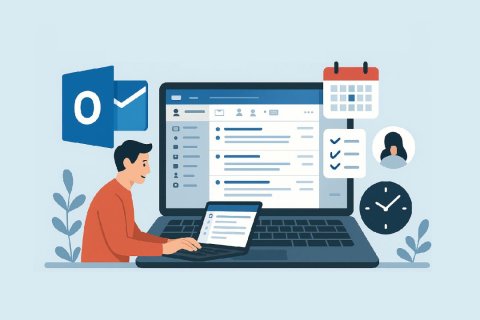 Illustration eines Mannes, der an einem Laptop sitzt und Microsoft Outlook nutzt. Auf dem Bildschirm sind E-Mails zu sehen. Um ihn herum sind symbolhafte Grafiken f&uuml;r Kalender, Kontakte, Aufgaben (Checkliste), eine Uhr sowie das Outlook-Logo angeordnet. Die Darstellung nutzt klare Farben (Blau, Grau, Orange) und ein ruhiges, &uuml;bersichtliches Design. Die Icons sind gleichm&auml;&szlig;ig verteilt und stehen f&uuml;r die zentralen Funktionen von Outlook: E-Mail, Zeitplanung, Aufgabenorganisation und Kontaktverwaltung.
