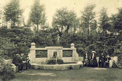 Historische Sepiafotografie. Im Zentrum ein rechteckiger Sandsteinbrunnen mit Reliefplatten, einer Maskaronspeier und zwei Kugelaufs&auml;tzen. Links sitzen zwei M&auml;nner in dunklen Anz&uuml;gen, einer h&auml;lt ein Kind. Rechts posieren zwei Frauen mit gro&szlig;en H&uuml;ten sowie zwei M&auml;nner. Hintergrund: dichter Laubwald. Flaches Becken im Vordergrund.