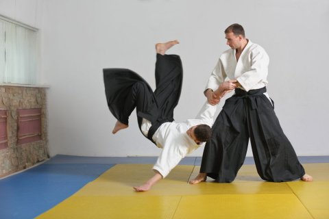 Zwei Männer führen eine Aikido-Übung durch, bei der der eine den anderen auf die Matte schleudert. Einer von beiden befindet sich gerade im Sturz, die linke Hand bereits am Boden, die Füße noch in der Luft, während der andere ihn am linken Arm festhält. Sie tragen weite schwarze Hosen, weiße Kampfsportjacken und sind barfuß. 