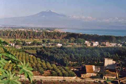 Im Vordergrund sind gr&uuml;ne Felder, B&auml;ume und einzelne H&auml;user einer l&auml;ndlichen Siedlung zu sehen. Dahinter erstreckt sich eine flache K&uuml;stenlandschaft mit dichter Vegetation bis zum Meer, dessen blaue Wasserfl&auml;che rechts im Bild liegt. Im Hintergrund erhebt sich der &Auml;tna, ein breiter, kegelf&ouml;rmiger Vulkan, dessen Gipfel leicht von Wolken umgeben ist. Die Szene wirkt ruhig und weitl&auml;ufig.