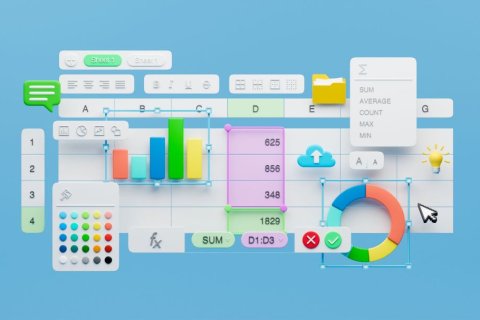bunte, comicartige Darstellung von Diagrammen, Zellen und Formeln in Excel