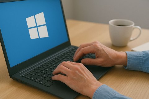 Auf dem Bild ist eine Person mit hellblauer Bluse zu sehen, die an einem Laptop mit Windows-Betriebssystem arbeitet. Ihre H&auml;nde liegen auf der Tastatur, der Bildschirm zeigt das bekannte Windows-Logo auf blauem Hintergrund. Der Laptop steht auf einem hellen Holztisch. Im Hintergrund befinden sich eine wei&szlig;e Tasse und ein Notizbuch. Die Szene wirkt ruhig und konzentriert.